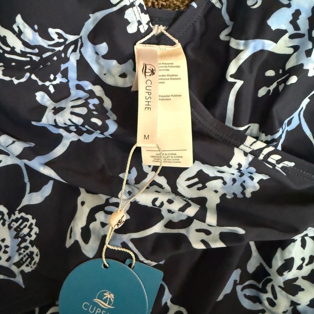Cupshe Navy and Light Blue Floral Wrap One-Piece Swimsuit - Picture 4 of 6